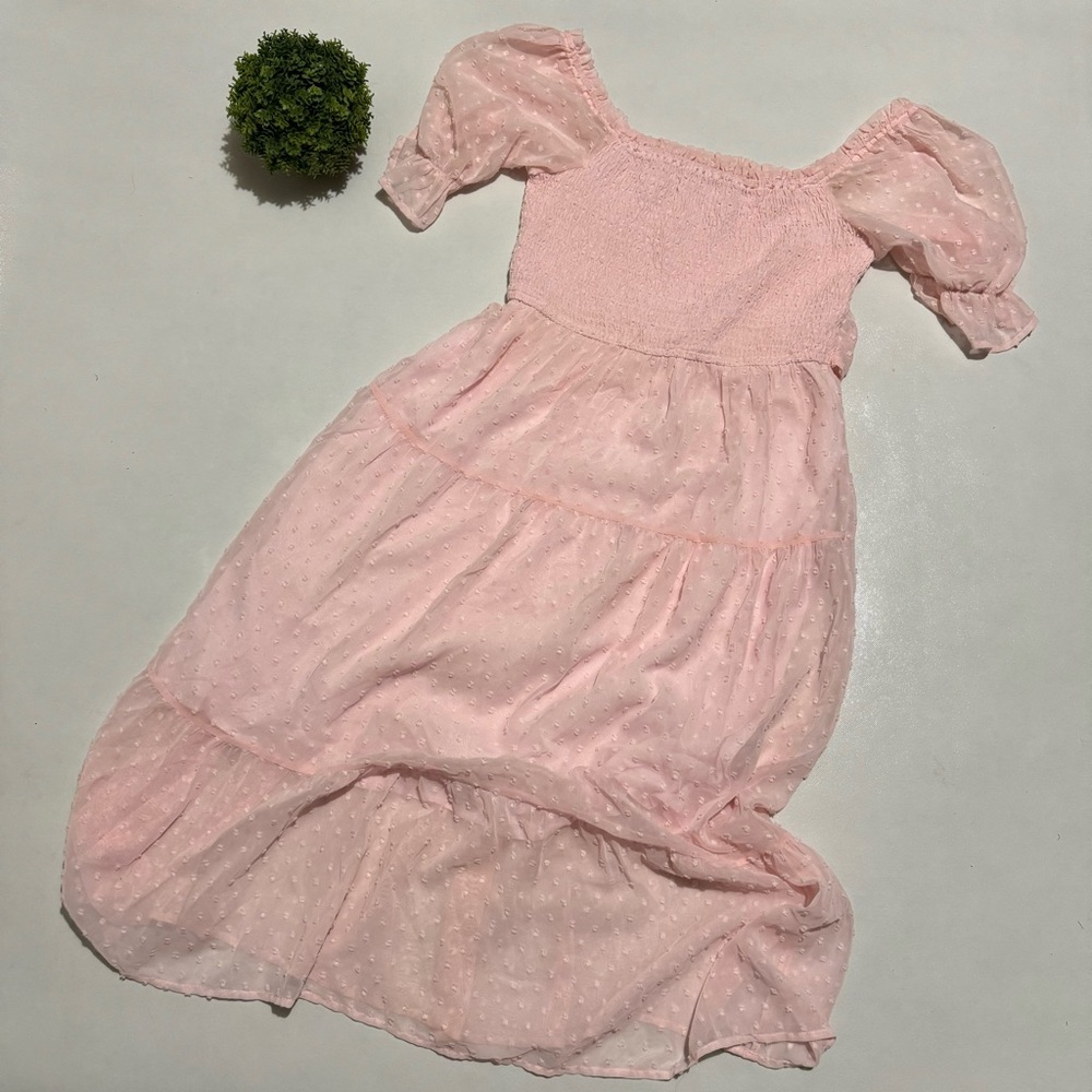 Light Pink Smocked Swiss Dot Long Modest Short puff Sleeve Dress Size Medium